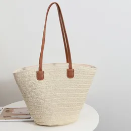 Duffel Bags Simple French Vintage One Shoulder Straw Bag For Women's Handbags Woven Leisure Bucket Tote Travel Holiday Beach