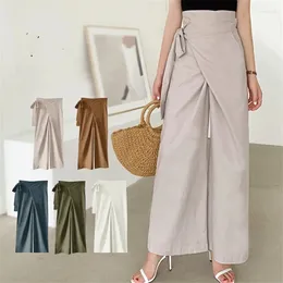 Women's Pants Leisure Simple Solid Color Wide Leg 2024 Summer Fashion Elegant Lace Up Cotton Casual 9 Real S