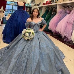 Grey Shiny Off the Shoulder Ball Gown Quinceanera Dress Sweetheart Beaded Crystal Corset Vestido De 15 Anos