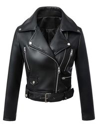 FTLZZ Women Autumn Winter Black Faux Leather Jackets Zipper Basic Coat Turn-down Collar Motor Biker Jacket With Belt 240125