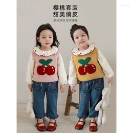 Clothing Sets Girls' Cherry Set Autumn Children's Sweet Knitted Vest Baby Shirt Jeans