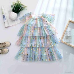 Girl's Dresses Toddler Kids Girls Dress Rainbow Star Print Net Yarn Pullover Dress Summer Sleeveless Layered Princess Cake Dress