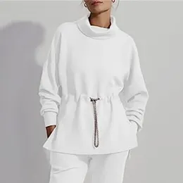 Women's Hoodies Mid-length Outer Shirt Cozy High Collar Drawstring Waist Pullover Warm Winter Blouse With Loose Fit Mid For Casual