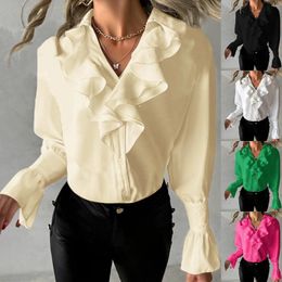 Women's Blouses Elegant Women Blouse Fashion Lady Casual Solid Ruffled Shirt Slim Buttons Top Long Sleeve V Neck Spring 2024