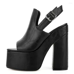 Sandals Concise Solid Summer Fashion Black Women Buckle Strap Large Size Hoof 15.5Cm High Heels 6Cm Platform Peep Shoes Soft