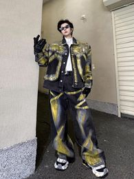 Men's Tracksuits SYUHGFA Clothing Set High Street Spring Yellow Painted Pocket Denim Jacket Pants 2024 Male Clothes Fashion