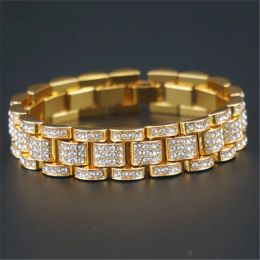 Bracelets Bling 15mm 20cm Golden Silver Colour Bracelet Hip Hop Mens Rhinestone Watchband Chain Tank Bangles For Boys Grils Hand Jewellery