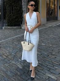 Basic Casual Dresses White Elegant Sleeveless Belt Linen Dress 2023 Womens Sexy Vneck Ultra thin Tank Top Dress Office Womens Fashion Street Clothing Long Dress J240