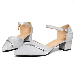 Sandals 2024 Women Low Heels Shoes Women's Glitter Silver Pointed Toe Buckle Party For Sandalias