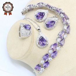 Necklace Luxury Silver 925 Jewellery Set for Women Purple Amethyst Bracelet Hoop Earrings Necklace Pendant Ring Wedding Birthday Gift