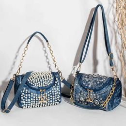 Evening Bags 2024 Popular Trendy Diamond Crossbody Bag Fashion Denim Shoulder Bags for Women Chic Elegant Beading Underarm Bag Bolsa Pearl