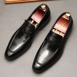 Loafers Shoes Genuine Leather Penny Loafer Slip on Pointed Toe Black Brand Office Wedding Dress Casual High Quality Shoe Men