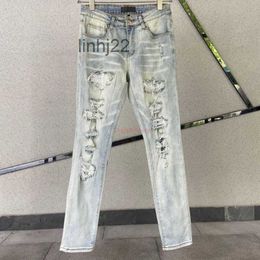Men's Jeans Designer Clothing Amires Denim Amies 808 Fashion Brand Light Colour Worn Holes Hot Drill High Street StretcR3GM