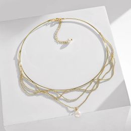 Torques Fashion Gold Colour Torque Necklace With Freshwater Pearl Tassel Chains Choker Jewellery For Women Wedding Party