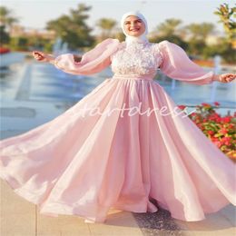Beautiful Pink Muslim Prom Dress 2024 High Neck Long Sleeve Lace Saudi Arabic Dubai Evening Dresses Kaftan Moroccan Formal Party Reception Robe De Soiree Elegant