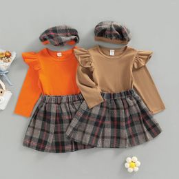 Clothing Sets Kid Baby Girls Fashion Outfits 3Pcs Set Ruffle Trim Long Sleeve Solid Color Tops Elastic Waist Plaid Pleated Skirt Hat