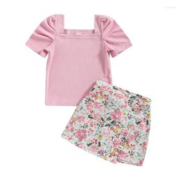 Clothing Sets Children Summer Short Puff Sleeve Ribbed Tops Floral/Plaid A-line Skirt Casual Toddler Kid Girls Outfits