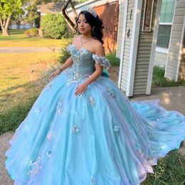 Sky Blue Princess Quinceanera Dress 2024 Off Shoulder Appliques Lace Beads Party Sweet 16 Gown Vestidos De 15 Anos