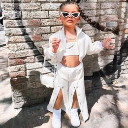 Clothing Sets 1-8Y Kids Casual Outfits For Girls 2024 Autumn Children White Short Jacket Crop Tops Flared Pants Clothes