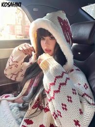 Women's Knits 2024 Y2k Aesthetic Fur Patchwork Cardigans Women Love Jacquard Harajuku Casual Sweater Streetwear Hooded Grunge Oversized