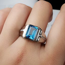 Men Ring Business Ring Square sky Blue Crystal Zircon Diamond white gold Plated Ring