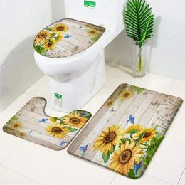 Bath Mats Sunflower Bathroom Rug Set Butterfly Rustic Wooden Panel Non-Slip Carpet Toilet Cover Accessories Decor