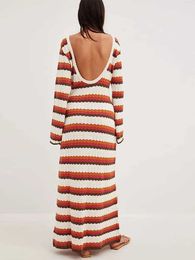 Basic Casual Dresses Contrast Striped Knitted Cotton Dress Women's Fashion O-neck Long sleeved Ultra thin Backless Maxi Dress Casual Women's Bodycon Vestidos J0130