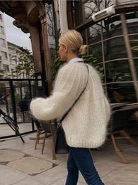 Women's Knits Mohair Solid Crochet Lantern Sleeve Women Cardigan V-neck Open Front Elegant Top Sweater 2024 Autumn Winter Chic Casual