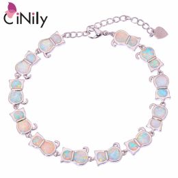 Bracelets CiNily Created White Fire Opal Silver Plated Wholesale Lovely Cute Cat for Women Jewelry Gift Chain Bracelet 7.5" OS333