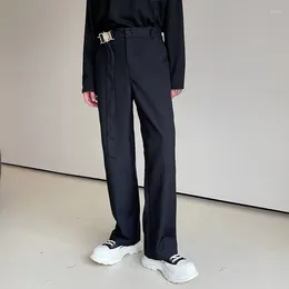 Men's Pants 2024Buckle Belt Loose Casual Metal Mens Black Straight Wide Leg Suit Men Streetwear Fashion Korean Style Trousers