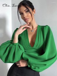 Women's Blouses Deep V-neck Women Cropped Blouse Tops Retro Elegant Green Puff Sleeve Female Chic Office Lady Pleated Top 2024 Spring