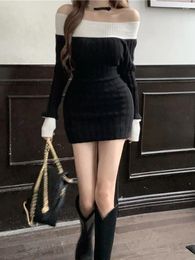 Casual Dresses Deeptown Korean Style Black Mini Corset Dress Women Sweet Coquette Sexy Slash Neck Long Sleeve Bodycone Knitted Winter