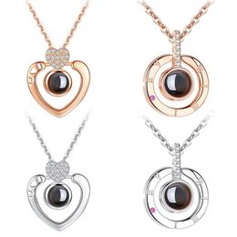 New Rose Gold Silver I love you 100 Lanugage Necklace Love Memory Projection Heart Necklace Birthday Gift Drop 351F