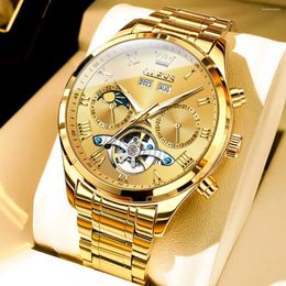 Wristwatches Top Original Automatic Watch For Men Gold Waterproof Stainless Steel Skeleton Moon Phase Mechanical Wristwatch