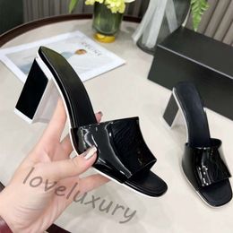 Designer Womens High Heel Slippers Sexy Chunky Heel Leather Party Fashion Summer Jelly Sandals 8.5 4.5 cm Size 35-43