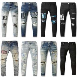 Men's Jeans Men Amirs Designer Hole Light Blue Dark Gray Man Long Pants Trousers Streetwear Denim Skinny Slim Straight Biker JeanWWCS