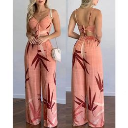 Summer Women Tropical Print Spaghetti Strap Casual Lace up Back Top High Waist Pants Set 2 Pieces Suit Sets 2023 Woman Clothing 240118