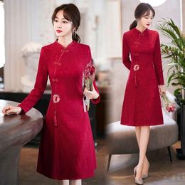 Ethnic Clothing 2024 Chinese Traditional Qipao Dress Women Style Stand Collar Vintage Long Sleeve Cheongsam