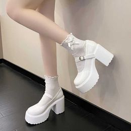 Dress Shoes Fashion White Platform Pumps for Women Super High Heels Buckle Strap Mary Jane Shoes Woman Goth Thick Heeled Party Shoes LadiesL2402
