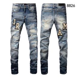 High-end quality AMI Men's Jeans Men's Designer High Street Ripped paint letter Jeans Retro Street casual tracksuit pants Jogging pants 8826