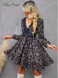 Casual Dresses MISS PETAL Ditsy Floral Lace Mini Dress For Woman Sexy V-neck Ruffled Long Sleeve Party 2024 Spring Autumn Female Sundress