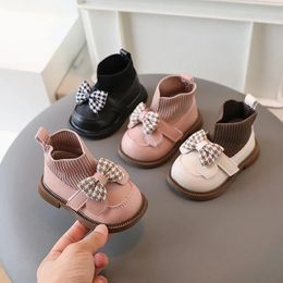 High Top Baby Girl Kintted Sock Shoes Houndstooth Buttefly-knot Toddler Boots for Kids Girls Elegant born Autumn Shoes G09273 240127