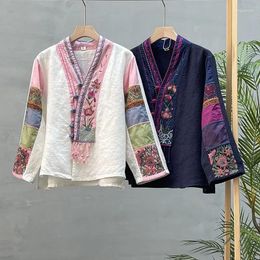 Ethnic Clothing 2024 Chinese Spring Women Retro National Style Long Sleeve V-neck Patchwork Colour Design Disc Buckle Tassel Embroidery Linen