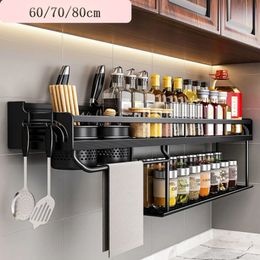 MEIDJIA 60/70/80cm Kitchen Shelf Wall Mount Spice Rack Seasoning Storage Rack Knife holder Chopstick Organizer Kitchen Accessory 240122