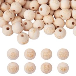 Beads 80Pcs 8 Styles Large Hole Natural Wood Beads Animal Pattern Engraved Round Spacer Loose Beads For DIY Jewelry Making Accessories