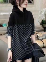 Women's Hoodies Top Pullovers Plaid Black Woman Clothing Hooded Cropped Sweatshirt Novelty Designer In Goth Cotton M Casual