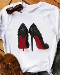 Women's T Shirts 2024 Summer Fashion Graphic Studded Heels Print O-Neck Casual Short Sleeve Daily T-Shirt Top Y2K Clothes