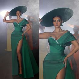 Emerald Green Mermaid evening dresses elegant off shoulder diamond pleats split Prom Dress Long dresses for special occasions evening gowns