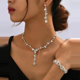 Necklace Earrings Set 3PCS Rhinestone Floral Tassel Chain And Drop & Bracelet Wedding Bridal Jewellery