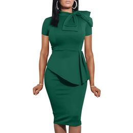 Casual Summer High Quality Bow O Neck Short Sleeve Slim Midi Dress Lady Bodycon Office Work Dresses for Women Professional 240126